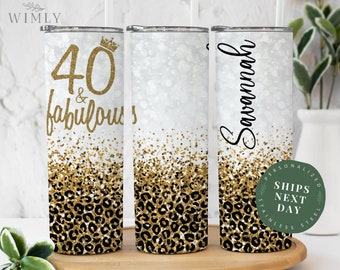 40 and Fabulous Milestone Birthday Tumbler With Straw - Chunky Glitter Cup Leopard Print Gift For Women - Personalized Tumbler Gift for Her