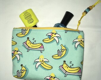 Lounging Bananas Print Fabric Zippered Makeup Bag, Small Cosmetic Bag, Essential Oil Bag