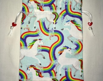 Unicorns and Rainbows Print Tarot Card Bag, with Light Blue Satin Lining