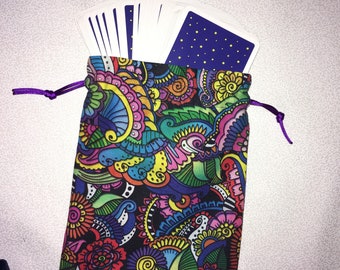 Colorful Zentangle Floral Print Tarot Card Bag with Purple Satin Lining,Crystal Pouch,Drawstring Bag,Oracle Card Bag,Deck Bag