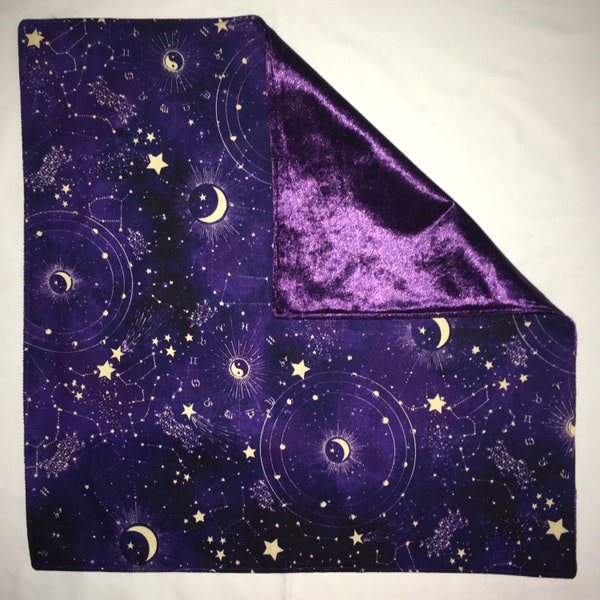 Reversible Purple Celestial Zodiac/Purple Crushed Velvet Altar Cloth,Tarot Card Reading Cloth, Tarot Card Wrap, Stars