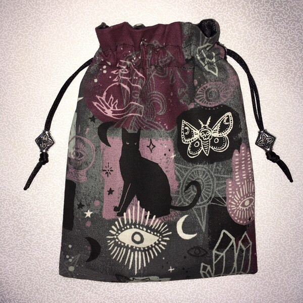 Spellbound Ephemera Tarot Card Bag,Purple, Gray and Black w/Black Satin Lining, Pouch,Drawstring Bag,Cat,Crystals,Hamsa Hand, Butterfly,Moon