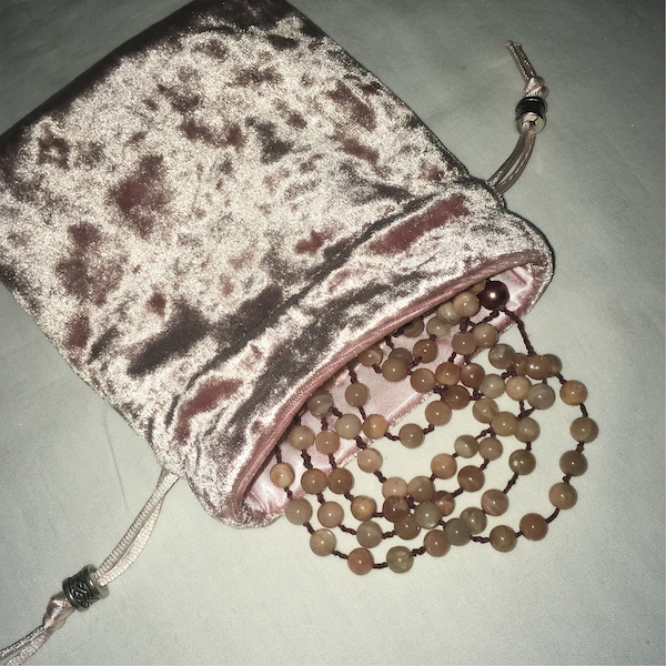 Pink Crushed Velvet Rune Stones Bag, with Pink Satin Lining, Small Size,Crystal Bag, Dice Bag, Mala Bag,Jewelry Bag