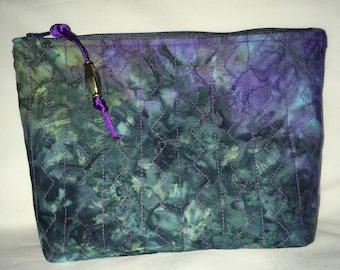 Purple and Green Batik Print Fabric Zippered Makeup Bag, Small Cosmetic Bag, Essential Oil Bag