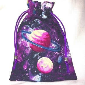 Glitzer Weltraum Planeten Tarot Karten Tasche, mit Lila Satin Innenfutter. Kartenbeutel, Kristall Kordelzug,Saturn