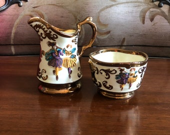 Festival By Wade (England) 1953 Pottery Polka Dancing Couple Cream And Sugar Set