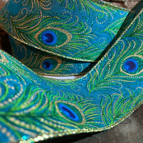 Iridescent Peacock feather Ribbon Wire Edge 1m  Decorative Wired Ribbon 