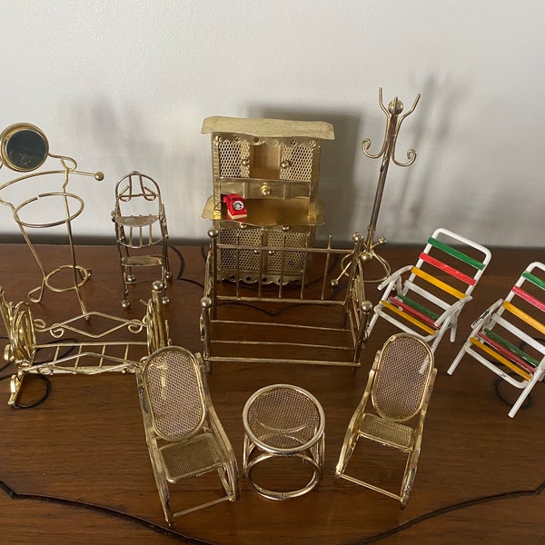 Vintage Brass And Metal 11 Piece Set Miniature Doll House Furniture