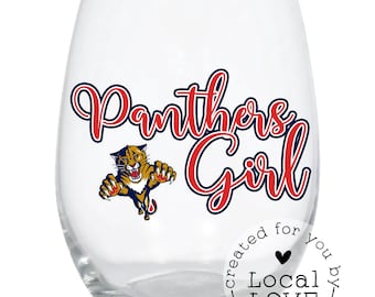 Florida Panthers 21oz Stemless Wine Glass - Navy & Gold Hockey Logo Decal - Sunrise Game Day Barware - Gift for Panthers Fans