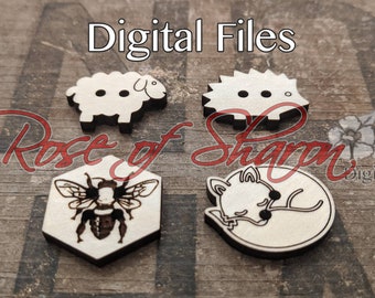 Buttons SVG files, animal shapes, hedgehog, sheep, honey bee, fox, fiber tools, knitting, crochet, sew, laser cut files, glowforge files