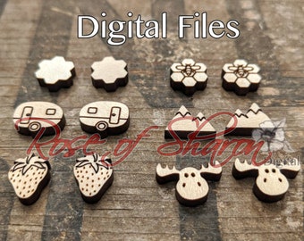 Outdoor stud pack 1 earring SVG files, camper, strawberry, honey bee, mountain studs, moose, jewelry bundle svg, laser cut, glowforge files