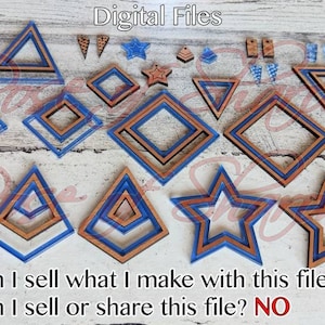 May include: A collection of wooden geometric shapes, including triangles, diamonds, and stars, with blue and brown accents. The image includes the text "Digital Files" and answers to questions about selling the files.