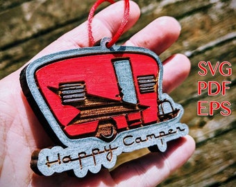 Happy Camper Ornament SVG file, retro camper, pull trailer, vintage, laser cut files, holiday pdf, eps, cricut, silhouette, digital download