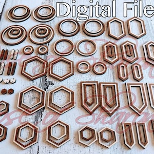 Könnte beinhalten: Digitale Dateien zum Laserschneiden, mit einer Vielzahl von geometrischen Formen in Braun und Weiß. Die Formen umfassen Kreise, Sechsecke und Rechtecke.