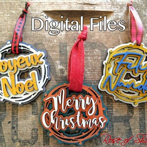 Pakiet ozdób świątecznych SVG, Wesołych Świąt, Joyeux Noel, Feliz Navidad, francuski, hiszpański, dekoracja świąteczna, plik cięty laserowo, glowforge