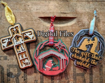 Bundle Christian ornament digital SVGs, nativity, religious, Jesus, Santa, cross, christmas ornament svg, laser cut files for glowforge