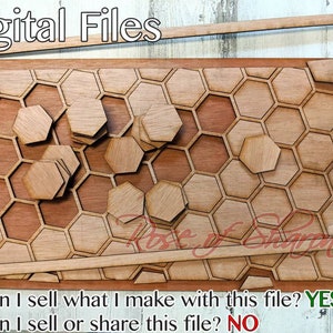 May include: A wooden frame with a honeycomb pattern inside. The text "Digital Files" is at the top of the frame. The text "Can I sell what I make with this file? YES" and "Can I sell or share this file? NO" is at the bottom of the frame.