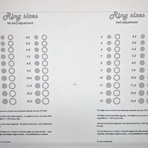 May include: A printable chart with two columns of ring sizes, one with and one without kerf adjustment. The chart includes a series of circles representing different ring sizes, ranging from 4 to 13. The text "Ring sizes" appears at the top of each column.