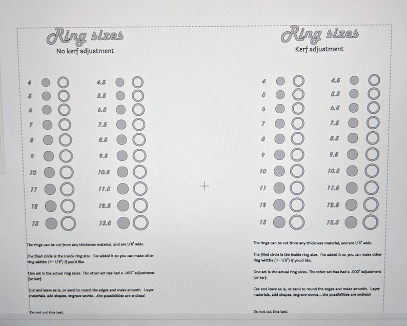 May include: A printable chart with two columns of ring sizes, one with and one without kerf adjustment. The chart includes a series of circles representing different ring sizes, ranging from 4 to 13. The text "Ring sizes" appears at the top of each column.