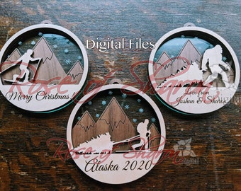 Mountain ornament bundle SVG file, Skier, Bigfoot, snow, mountains, christmas svg, cricut, silhouette, sport, laser cut files, glowforge
