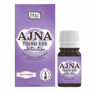 May include: A brown glass bottle with a white cap and a purple label. The label reads "AJNA Third Eye Intuition" and "100% Pure & Natural Essential Oil Blend." A matching purple box is next to the bottle, with the same text.