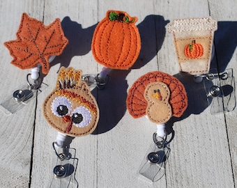 Fall, thanksgiving, pumpkin -Retractable ID Felt Badge Holder, Name Badge Holder - Cute Badge Reel - Nursing Badge - Felt Badge Reel