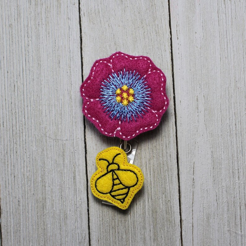 Flower and bee badge holder spring badge Bee keeper badge holder honey bee badge
