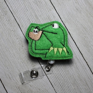 Frog with tea cup badge holder with retractable reel,  none of my business badge holder, puppet badge holder, frog badge