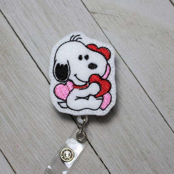 Dog with hearts, badge holder with retractable reel, Valentine dog badge, dog felt badge, dog feltie, animal felt badge