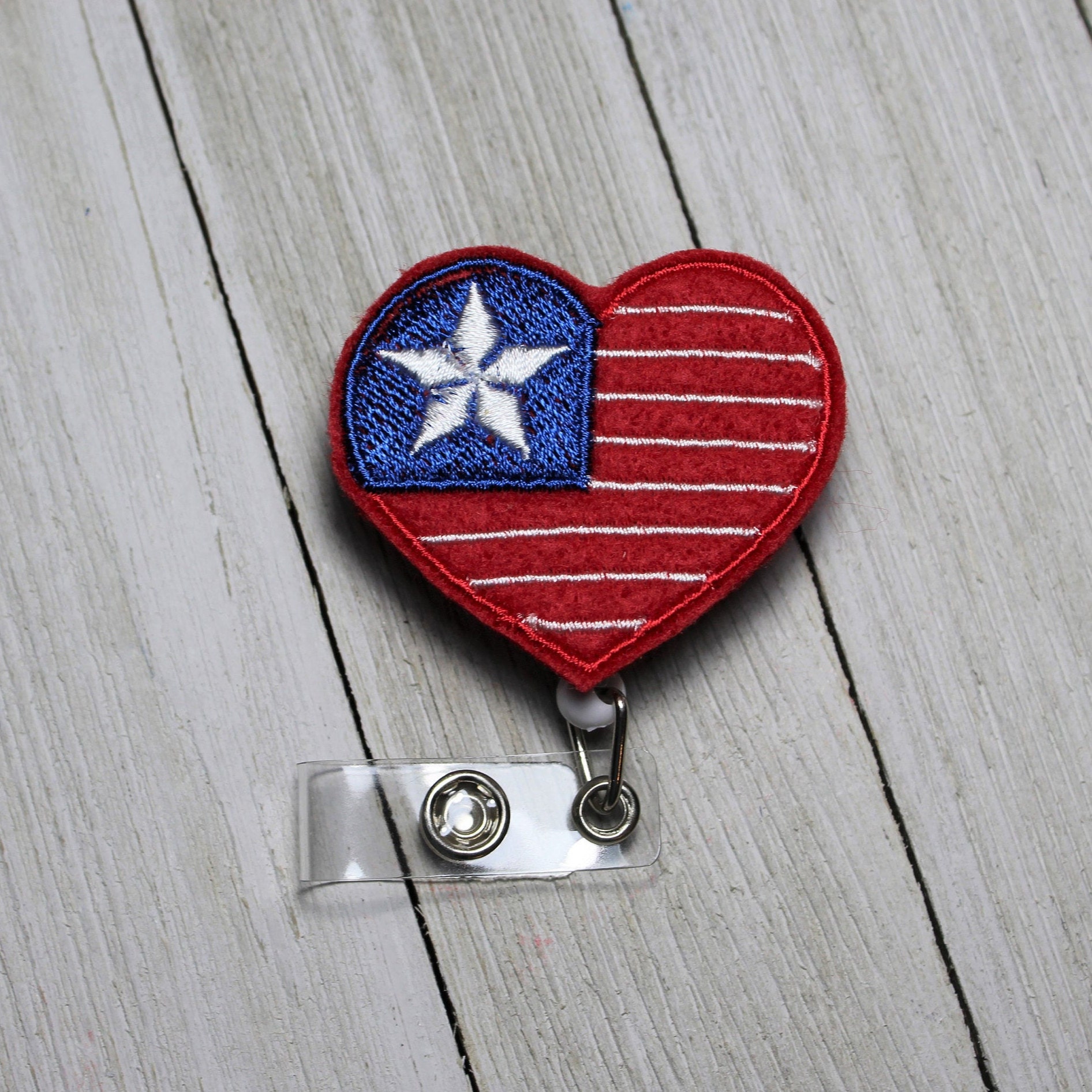 American flag heart badge holder with retractable reel, heart badge, flag  ID holder