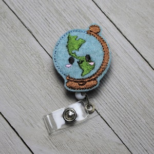 World Globe badge holder with retractable reel, Atlas badge, social studies teacher badge, Globe felt badge holder