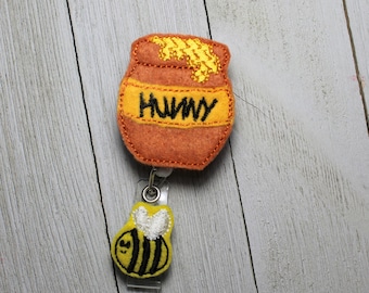 Honey Pot badge holder with retractable reel, Hunny feltie, bee badge holder, Honey bee badge