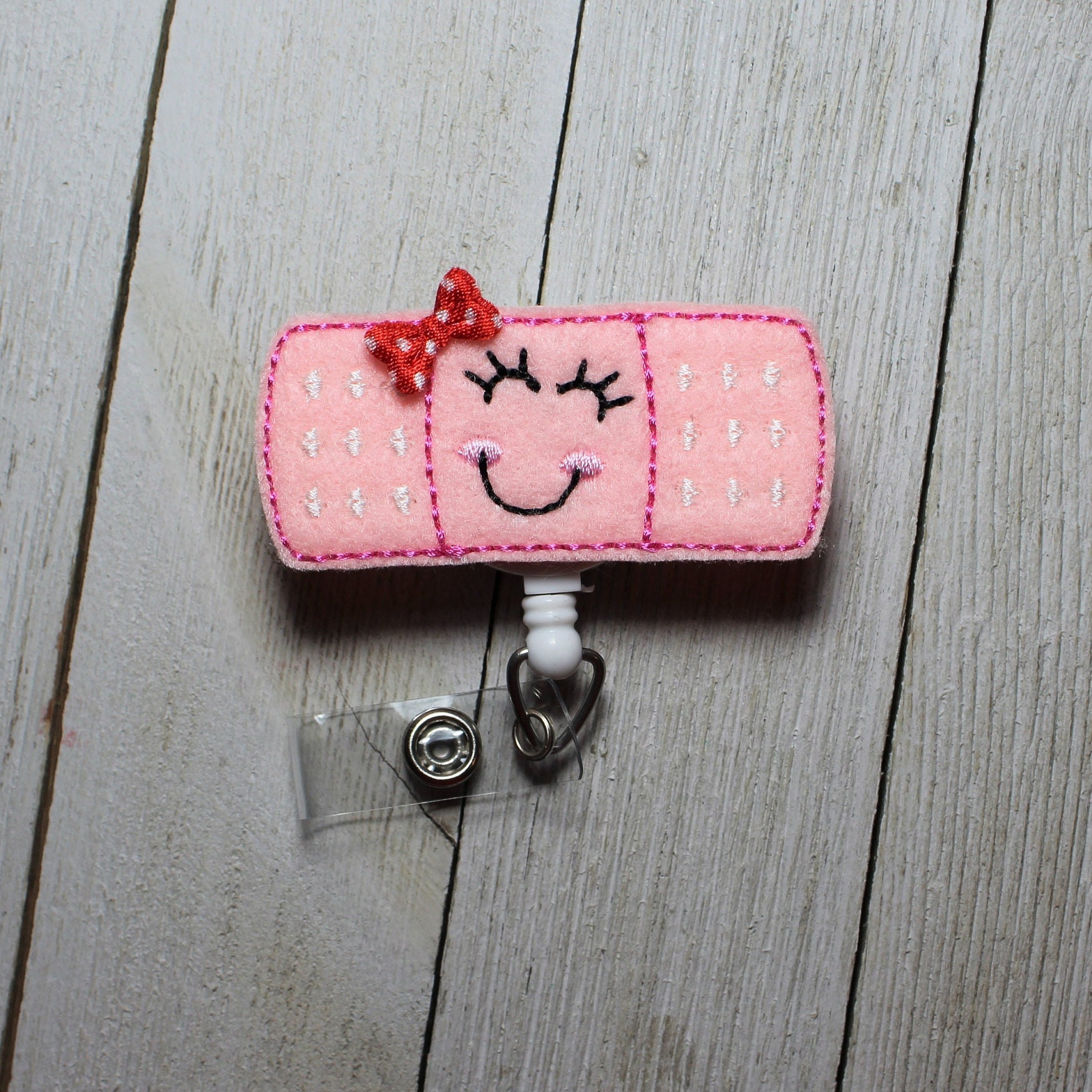 Pink Band-Aid badge holder, Pink band-Aid feltie, band-aid badge, Band-aid  lanyard, band-aid carabiner clip, Fun badge holder