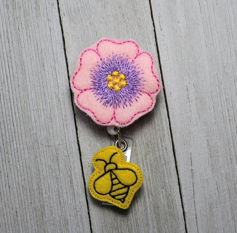 Flower and bee badge holder spring badge Bee keeper badge holder honey bee badge