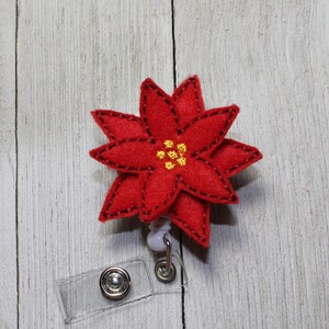 Poinsettia badge holder with retractable reel, Christmas ID badge, Winter flower felt badge