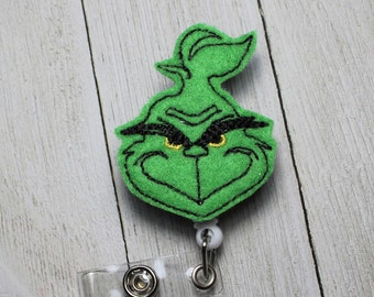 Porte-badge de Noël avec enrouleur rétractable, porte-badge monstre vert, badge d'hiver, badge en feutre de Noël,