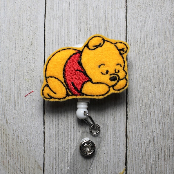 Sleeping bear badge holder, Bear lanyard, cartoon bear badge, story book animal, honey bear, fat bear