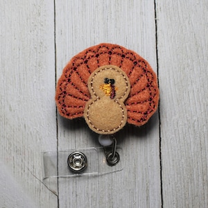 Turkey badge holder with retractable reel, Thanksgiving badge, Turkey feltie, Turkey felt badge
