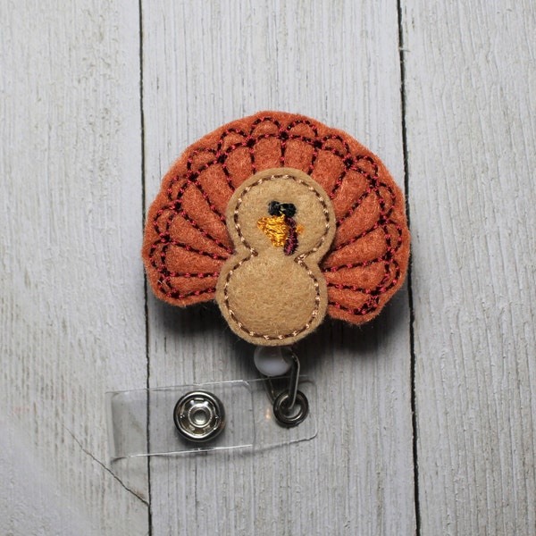 Turkey badge holder with retractable reel, Thanksgiving badge, Turkey feltie, Turkey felt badge