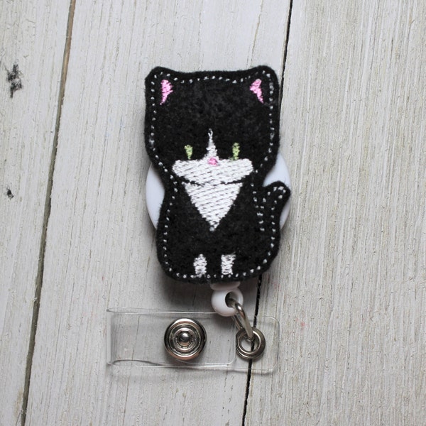 Tuxedo Kitty badge holder with retractable reel, black cat,  Black Kitty badge, Black Cat feltie,