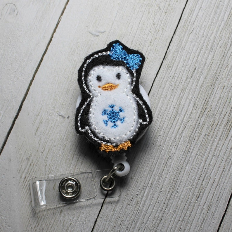 snow flake badge animal feltie Penguin badge holder Snow flake penguin badge holder with retractable reel