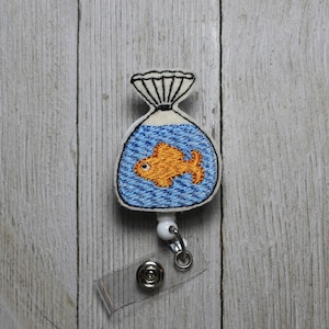 Fish in a bag badge holder, Fish in a bag feltie, goldfish badge, carnival badge holder, fish badge holder, goldfish bag, retractable reel