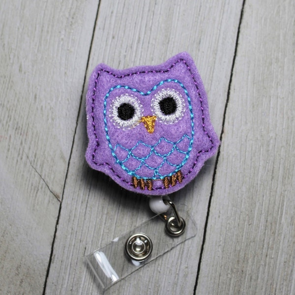 Pretty Purple Owl badge holder with retractable reel, bird ID badge, Owl feltie badge