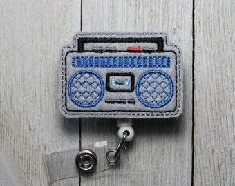 Boom Box badge holder, cassette tape badge, 80's badge,  Music badge, boom box feltie, cassette feltie