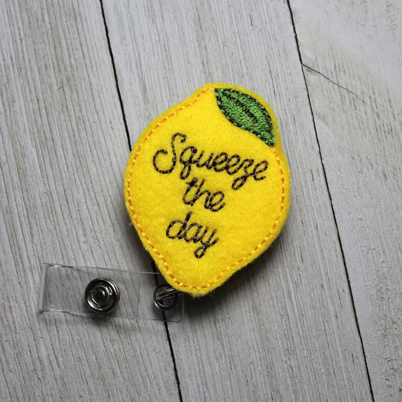 Squeeze the Day, Lemon badge holder, retractable reel, Fruit badge, Seize the day, lemon feltie, Lemon felt badge image 1