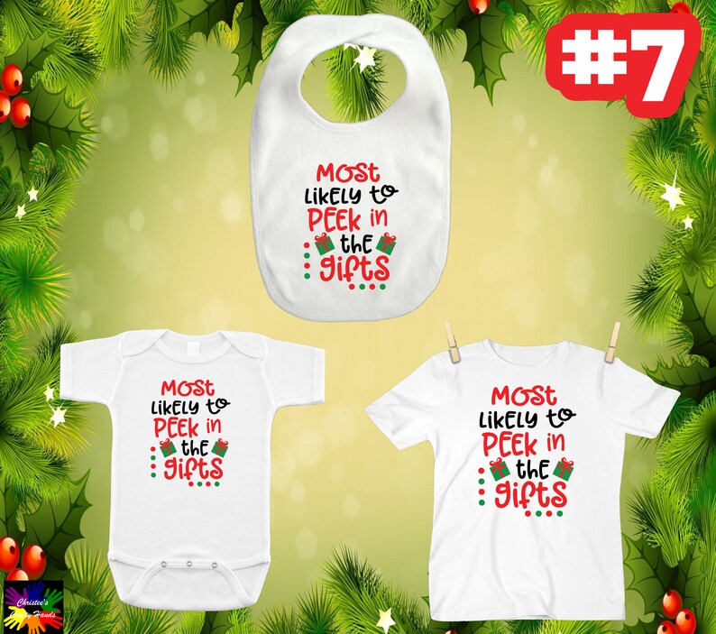 Christmas Bibs Shirts ~ Most Likely To ~ Be On The Naughty List ~ Eat Santa/'s Cookies ~ Peek In Presents ~ Spread Christmas Cheer Jumpers