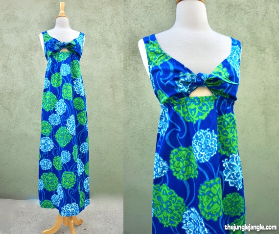Vintage 1960s Barkcloth Print Blue Maxi Dress By B