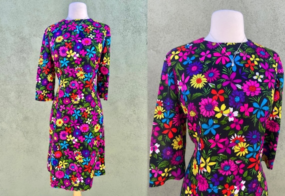 Vintage 1960s Flower Print Fit And Flare 3/4 Sleev