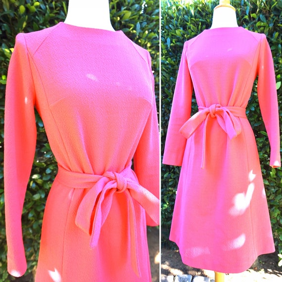 Vintage 1960s Pink Long Sleeve Dress With Belt / P