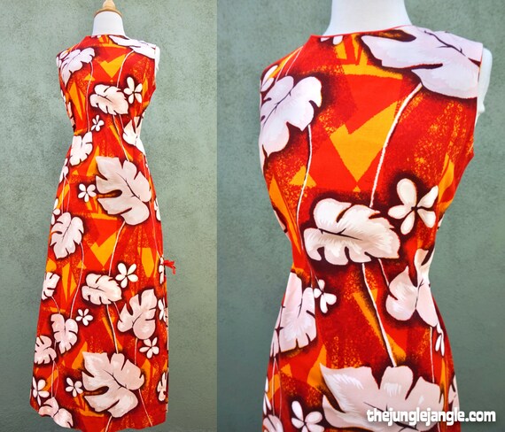 Vintage 1960s Orange Hawaiian Print Maxi Dress / 6